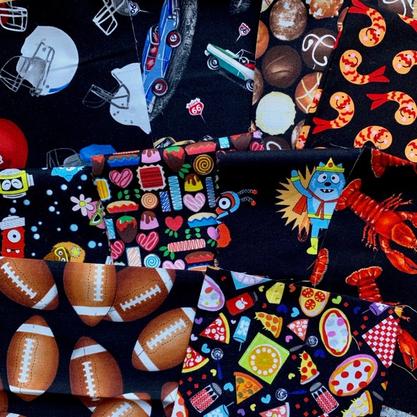 black quilt fabric scrap bag - kids & novelty prints for I-Spy quilts - various small sizes