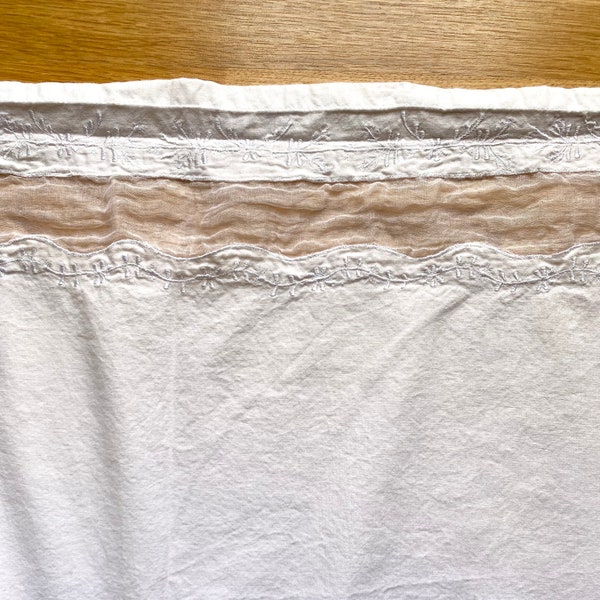 vintage white embroidered bed skirt remnant for upcycling, cotton dust ruffle w/ netting trim, American Pacific