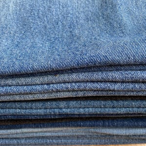 reclaimed denim pant leg sections, lot of 3 long blue jeans pieces for upcycling, sewing, quilts, and more