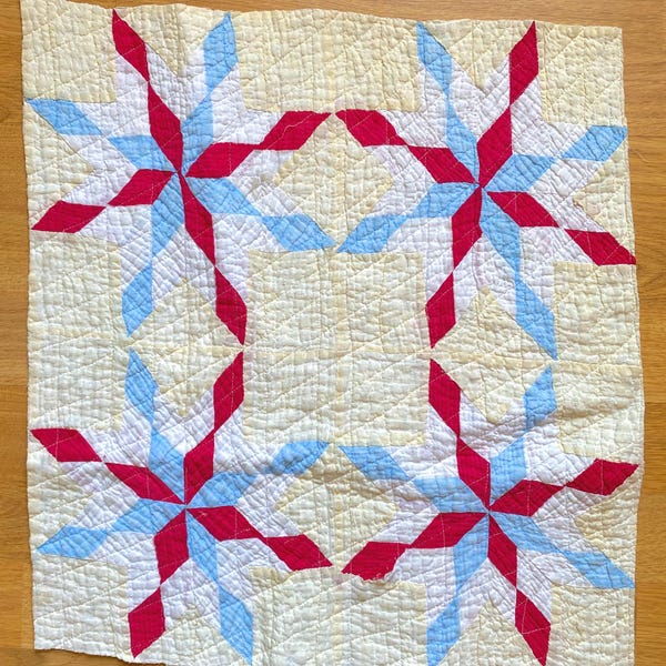 vintage 8-pointed star cutter quilt piece, 4-block portion, red white & blue