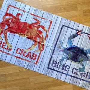 Crab Shack red & blue quilt panel print, Two Can Art for Andover Fabrics