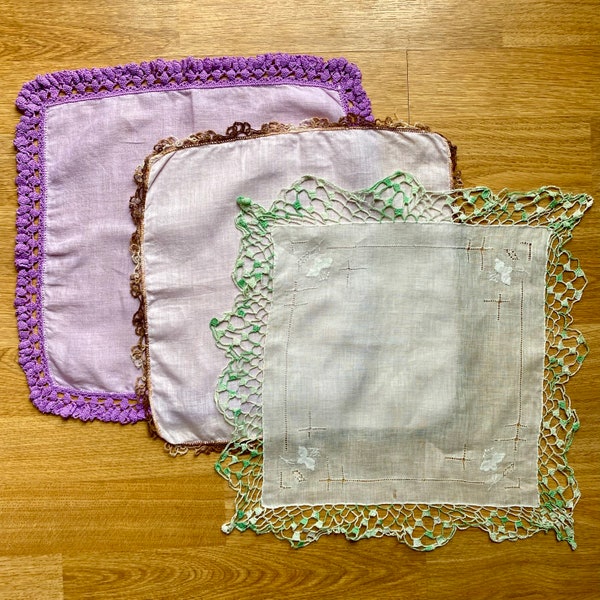 vintage hankies w/ crocheted edges, lot of 3, purple pink white, linen & cotton