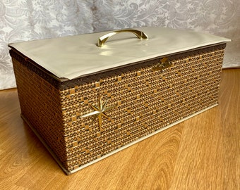 1950s Princess sewing box, atomic age, mid-century modern, basketweave exterior, imperfect, read description