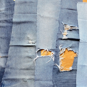 reclaimed distressed denim pant leg sections, lot of 5 long blue jeans pieces for upcycling, sewing, crafts, and more