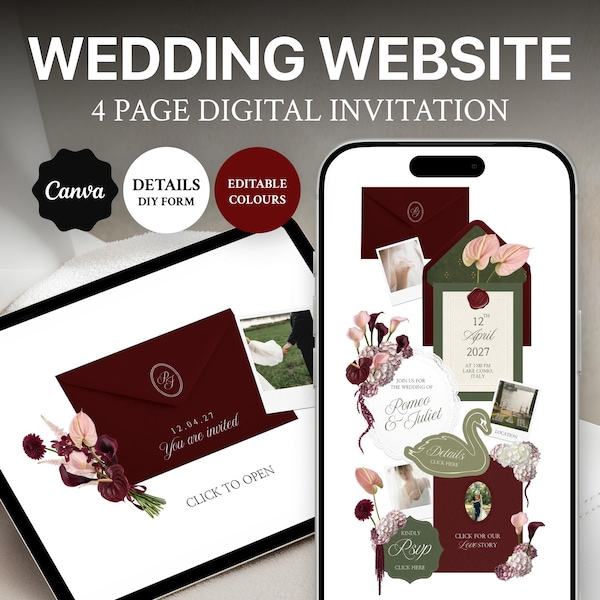 Burgundy & Olive Green Wedding Website Template with RSVP: Floral Envelope Digital Invitation