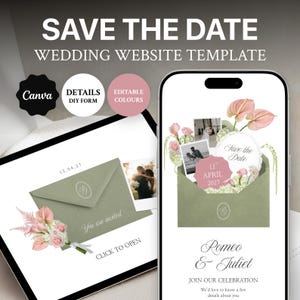 Op de afbeelding: Een digitale trouwwebsite-sjabloon met de tekst "SAVE THE DATE" en "WEDDING WEBSITE TEMPLATE". Het ontwerp bevat een tablet en een telefoon met mockups van huwelijksuitnodigingen met bloemaccenten en de tekst "Romeo & Juliet".