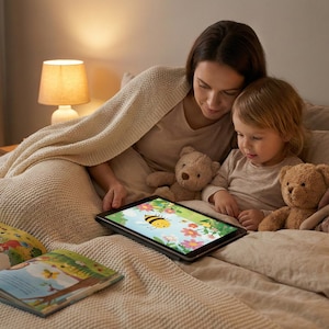 May include: A woman and a child are reading on a bed, illuminated by a bedside lamp. They are looking at a tablet displaying a colorful illustration of a bee. A teddy bear and a stuffed rabbit are nearby, along with an open book.