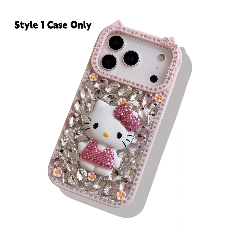 May include: Pink phone case with a Hello Kitty design. The case features a white Hello Kitty figure with a pink bow and dress, surrounded by clear rhinestones and small flowers. The text "Style 1 Case Only" is visible.