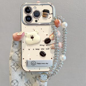 3D Coffee Bear iPhone Case with Stand & Chain | Kawaii Phone Cover (iPhone 14-17)