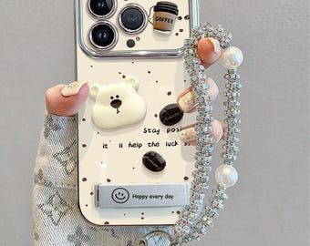 Coque pour iPhone 3D Coffee Bear avec support et chaîne | Housse de téléphone Kawaii (iPhone 14-17)