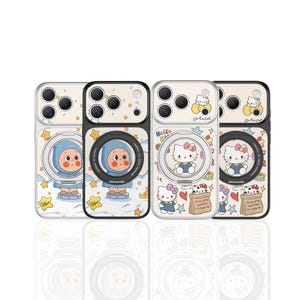 This is a mobile phone case with bubble mart and holl of Kitty leather pattern, magnetic suction stand, suitable for iPhone 15/16/17 series.