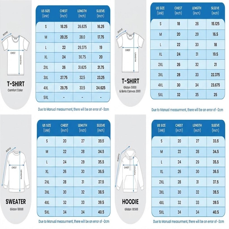 Puede incluir: Tablas de tallas detalladas para camisetas, su&eacute;teres y sudaderas con capucha, con medidas de pecho, largo y manga en pulgadas. Tallas estadounidenses de S a 5XL. Las tablas de camisetas incluyen Comfort Color y Gildan 5000 & Bella Canvas 3001.