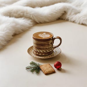 Pode incluir: Uma chávena de café de cerâmica castanha e branca com asa e pires a condizer, cheia com latte art. Ao lado do pires encontra-se uma bolacha retangular castanha, um pequeno ramo de pinheiro verde e um ornamento esférico vermelho.