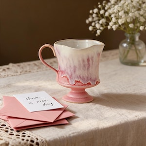 Gradient Ceramic Coffee Cup and Saucer Set 10 oz, Footed Pottery Mug with Handle, Coquette Cottagecore Gift for Best Friend