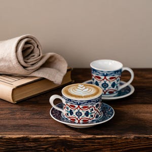 May include: Two ceramic coffee cups and matching saucers featuring a detailed red, blue, and white floral pattern. One cup is filled with a latte topped with heart-shaped foam art. The cups have curved handles and sit on a dark wooden surface.