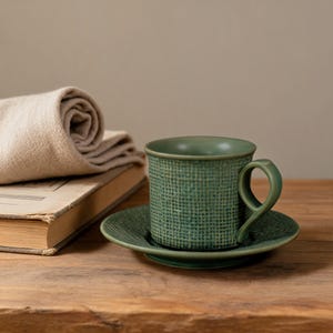 Puede incluir: Un juego de taza y platillo de cerámica verde con un patrón de rejilla texturizado similar a un tejido en el exterior. La taza tiene un asa curva y se asienta sobre un platillo redondo a juego con un borde texturizado en acabado verde bosque.