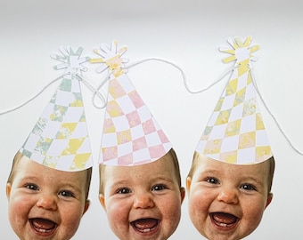 Pastel Checkered Party Hat Birthday Banner Decoration Set of 6