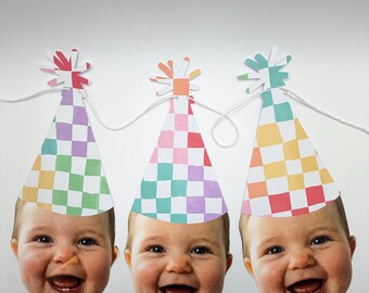 Rainbow Checkered Party Hat Birthday Banner Decoration Set of 6