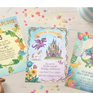 以下が含まれることがあります： 3つのカラフルな誕生日パーティーの招待状。恐竜、ユニコーンとドラゴンがいるお城、人魚と恐竜が描かれています。招待状には、誕生日のお祝いへの招待状が書かれています。