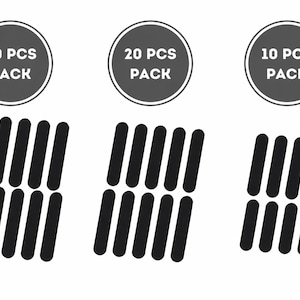May include: Arrangement of black, oblong shapes in three sets of varying quantities. Each set is accompanied by a gray circular label with the text "30 PCS PACK", "20 PCS PACK", and "10 PCS PACK" in white, respectively. The background is plain white.