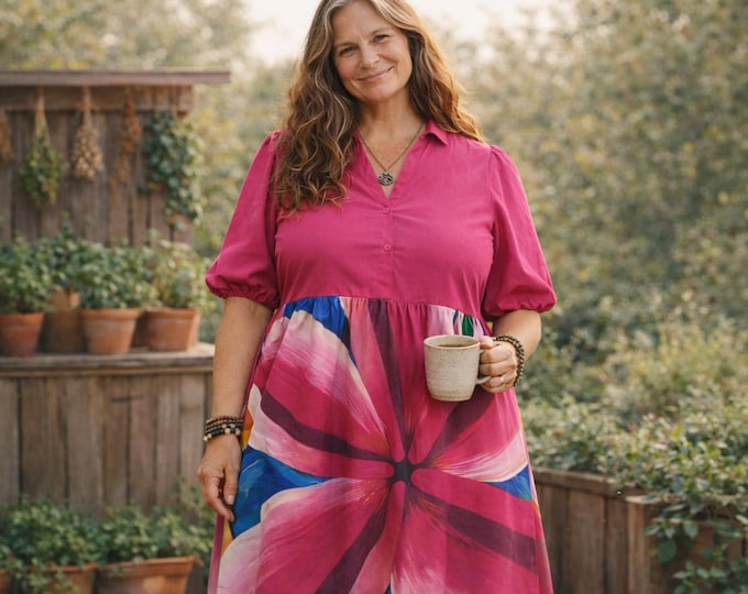 Plus Size Frangipani Hot Pink Cotton Dress Size 18. Handmade in Australia