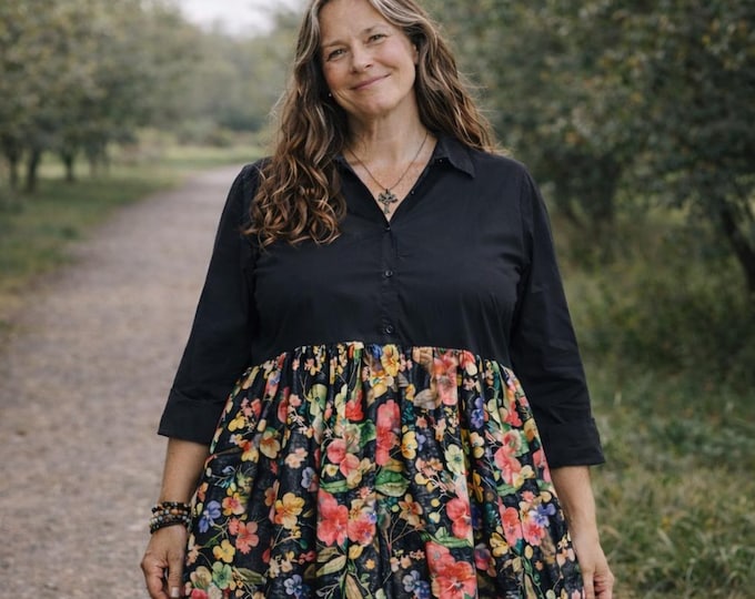 Upcycled Plus Size Black & Floral Velvet Dress Size 20. Handmade in Australia