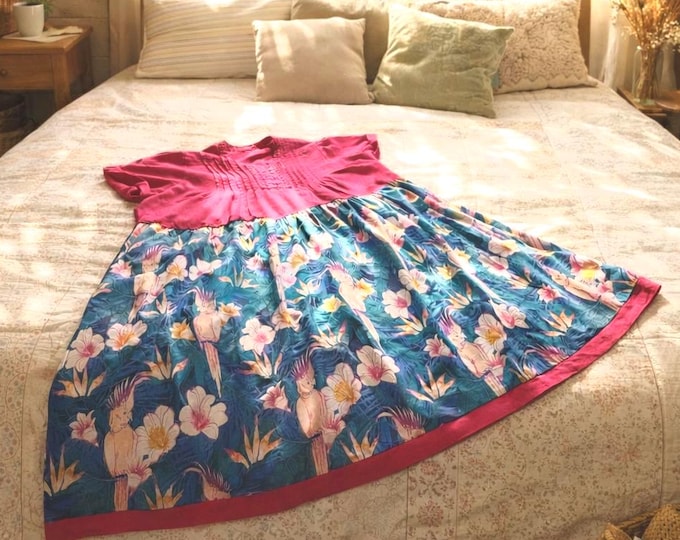 Tropical Upcycled Linen and Cotton Dress Size 26. Handmade in Australia