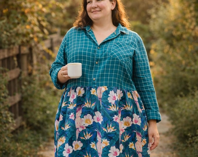 Teal Tropical Upcycled Cotton Dress Size 22-24. Handmade in Australia