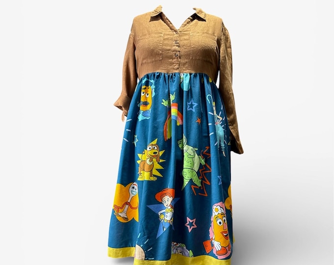 Toy Story Upcycled Linen and Blue Cotton Dress Size 22. Handmade in Australia