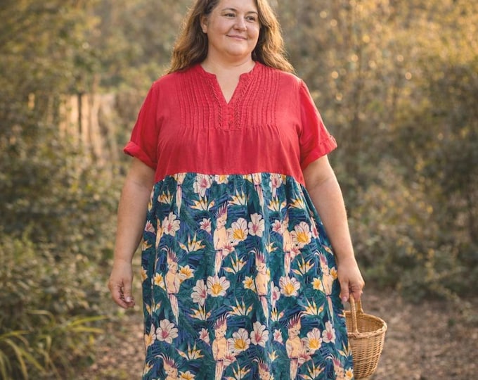 Tropical Upcycled Linen and Cotton Dress Size 26. Handmade in Australia