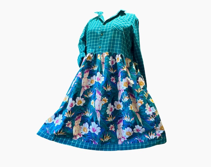 Teal Tropical Upcycled Cotton Dress Size 22-24. Handmade in Australia