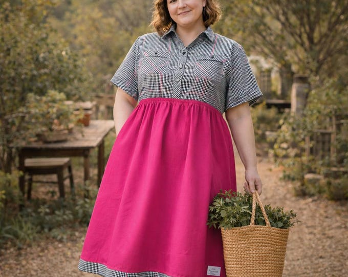 Plus Size Upcycled Gingham Shirt Dress with Hot Pink Skirt Size 16-18 – Handmade Statement Dress