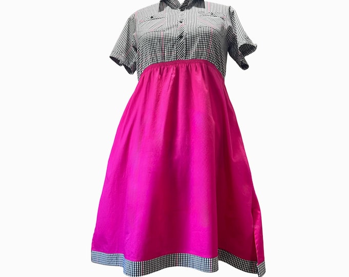 Plus Size Upcycled Gingham Shirt Dress with Hot Pink Skirt Size 16-18 – Handmade Statement Dress
