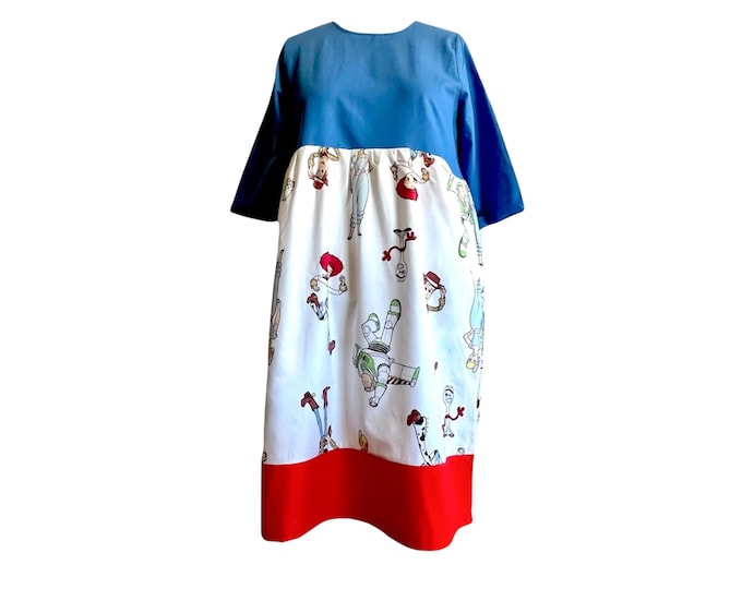 Blue Toy Story Upcycled Cotton and Linen Dress Size 20. Handmade in Australia