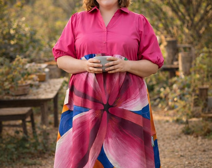 Plus Size Frangipani Hot Pink Cotton Dress Size 18. Handmade in Australia