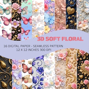 Könnte beinhalten: Eine Sammlung von 16 digitalen Papieren mit nahtlosem Muster, die 3D-weiche Blumendesigns zeigen. Die Papiere messen 30.48 cm x 30.48 cm und haben eine Auflösung von 300 DPI. Die Designs umfassen Schmetterlinge und Blumen.