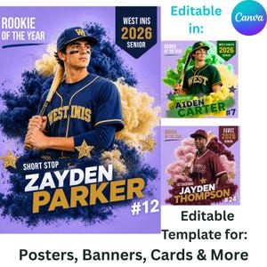 Puede incluir: Plantilla de póster con temática de béisbol que presenta a un joven con uniforme de béisbol sosteniendo un bate. El diseño incluye el texto "ROOKIE OF THE YEAR", "WEST INIS", "SHORT STOP" y "ZAYDEN PARKER #12". El fondo tiene una combinación de colores púrpura y dorado.