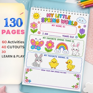Puede incluir: Un libro de actividades con espiral titulado My Little Spring World con 130 páginas, 60 actividades, 40 recortes y 30 secciones de aprendizaje y juego. La página presenta ilustraciones coloridas de un sol, flores, una mariposa, un arcoíris y animales.