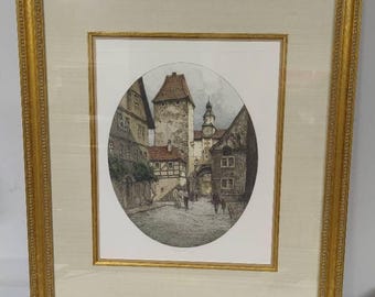 Joseph Eidenberger signerad originalfärgetsning - inramad medeltida tysk torg - handsignerad realismkonst - 54,5 x 61,5 cm