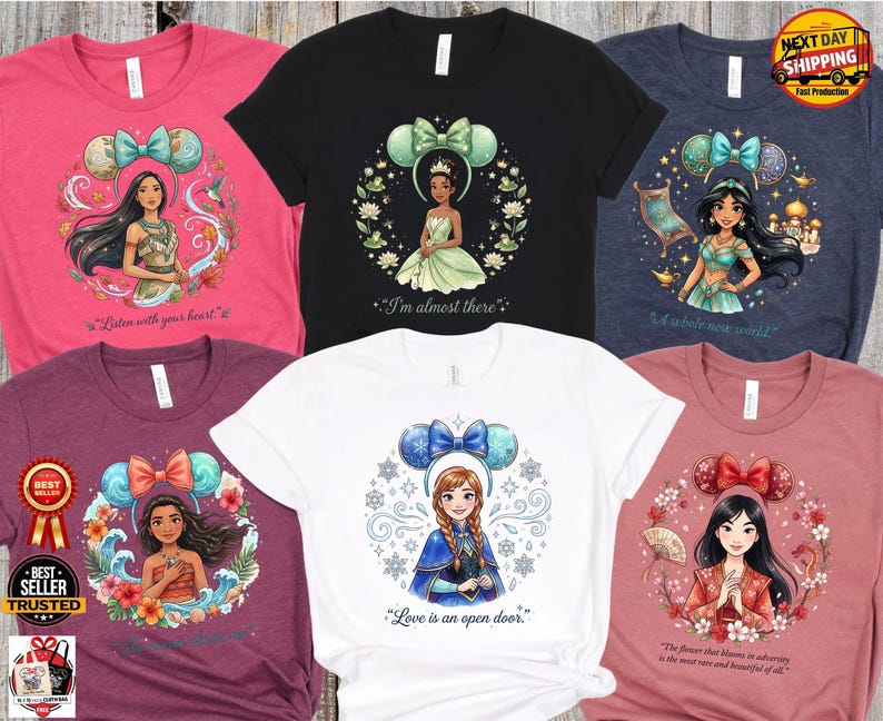 Personalisierte Disney Prinzessin Shirts, benutzerdefinierte Aquarell Prinzessin Zitat T-Shirt, Ariel Elsa Belle Aschenputtel passendes Shirt Bild 17