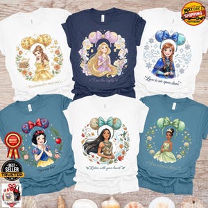 Personalisierte Disney Prinzessin Shirts, benutzerdefinierte Aquarell Prinzessin Zitat T-Shirt, Ariel Elsa Belle Aschenputtel passendes Shirt Bild 16