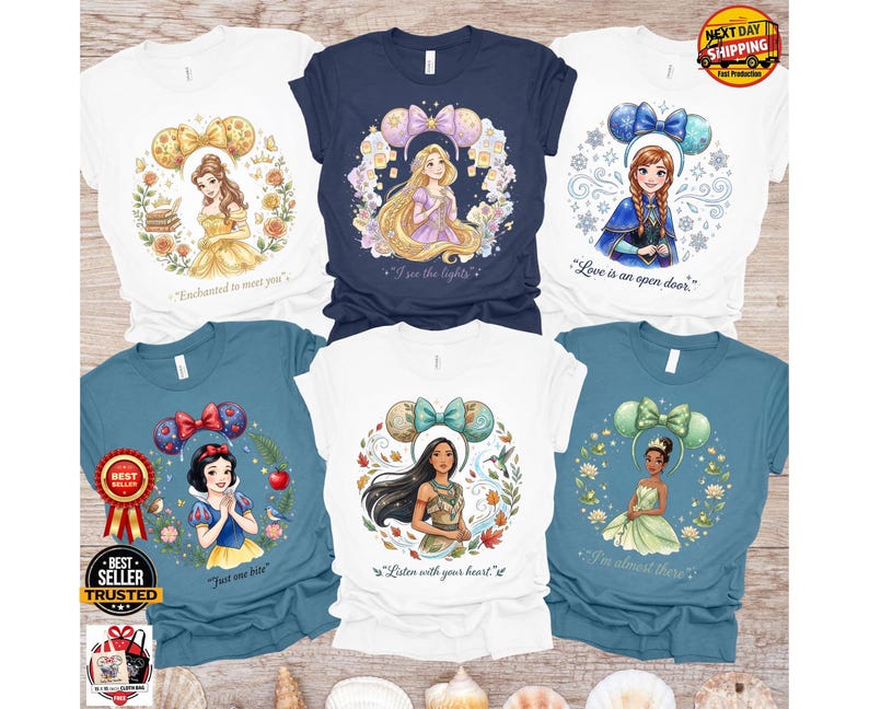 Personalisierte Disney Prinzessin Shirts, benutzerdefinierte Aquarell Prinzessin Zitat T-Shirt, Ariel Elsa Belle Aschenputtel passendes Shirt Bild 16