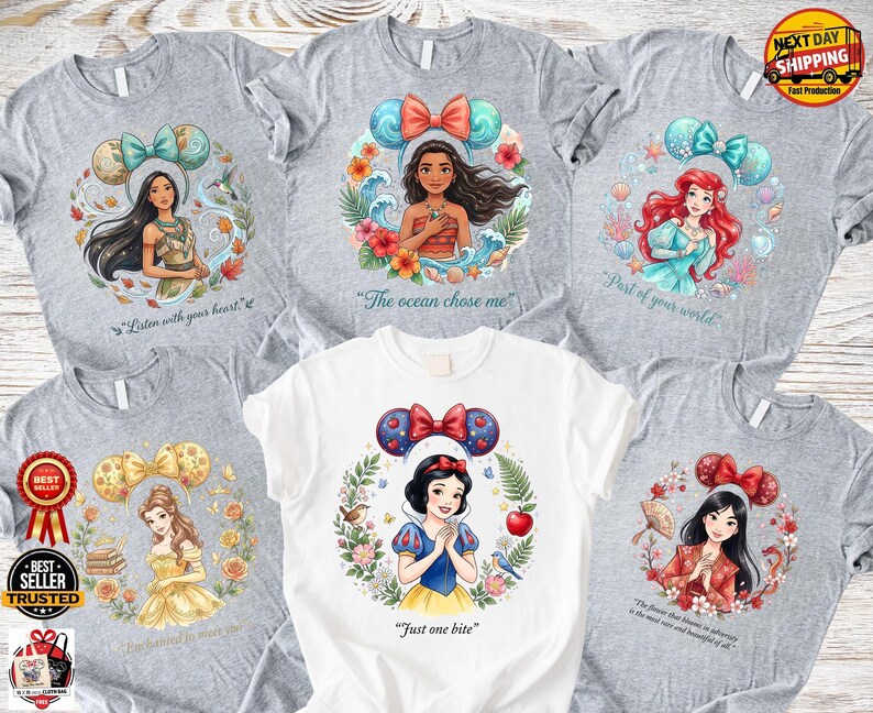 Personalisierte Disney Prinzessin Shirts, benutzerdefinierte Aquarell Prinzessin Zitat T-Shirt, Ariel Elsa Belle Aschenputtel passendes Shirt Bild 18