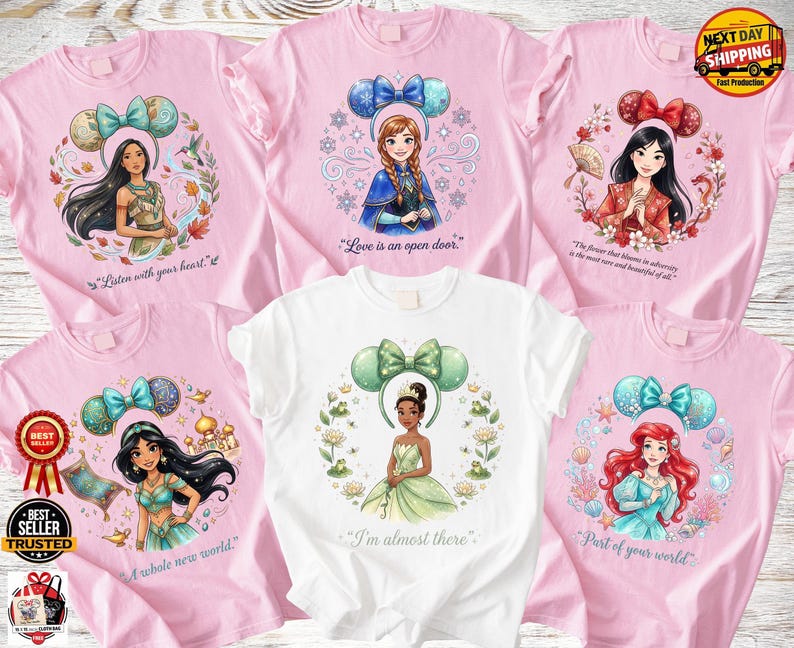 Personalisierte Disney Prinzessin Shirts, benutzerdefinierte Aquarell Prinzessin Zitat T-Shirt, Ariel Elsa Belle Aschenputtel passendes Shirt Bild 1