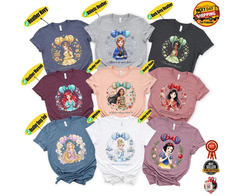Personalisierte Disney Prinzessin Shirts, benutzerdefinierte Aquarell Prinzessin Zitat T-Shirt, Ariel Elsa Belle Aschenputtel passendes Shirt Bild 5