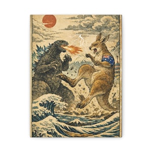 Puede incluir: Impresión rectangular que representa una escena de batalla estilizada. Godzilla, escupiendo fuego, se enfrenta a un canguro con un brazalete de la bandera australiana. El fondo incluye un sol rojo, olas y una montaña, al estilo japonés.