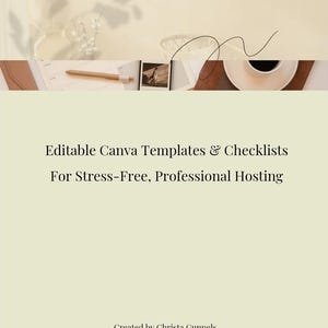 May include: A light beige graphic with text: "Airbnb Guest Message Templates | Editable Canva Airbnb Scripts." Below, "Editable Canva Templates & Checklists For Stress-Free, Professional Hosting." Includes a pen, photos, and a coffee cup.