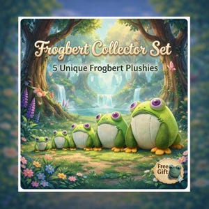 May include: The image showcases a "Frogbert Collector Set" featuring five unique plush frogs. The plushies are green with white bellies and purple eyes, arranged in a row against a whimsical forest backdrop. The set includes a "Free Gift" frog.