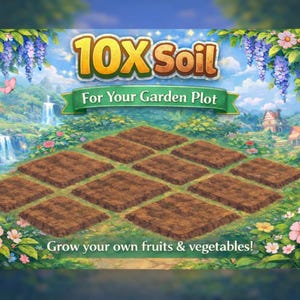 Peut inclure: Illustration numérique d'une scène de jardin avec le texte "10X Soil For Your Garden Plot". Neuf parcelles de terre brune sont disposées en grille, avec les mots "Grow your own fruits & vegetables!" en bas. L'arrière-plan présente une cascade, des fleurs et une maison.