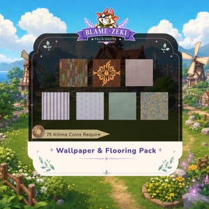 Peut inclure: Un affichage numérique intitulé Blame Zeki Palia Goods présentant un pack de papier peint et de revêtement de sol avec sept échantillons carrés distincts. Les motifs incluent des rayures, des fleurs, du bois et des couleurs unies. Texte : 75 Kilima Coins Require.